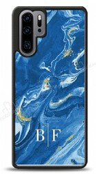 Dafoni Glossy Huawei P30 Pro Kişiye Özel İki Harf Simli Mavi Mermer Kılıf - Dafoni