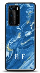Dafoni Glossy Huawei P40 Kişiye Özel İki Harf Simli Mavi Mermer Kılıf - Dafoni