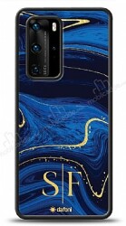 Dafoni Glossy Huawei P40 Pro Kişiye Özel Çift Harf Simli Lacivert Mermer Kılıf - Dafoni