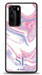 Dafoni Glossy Huawei P40 Pro Kişiye Özel Çift Harf Simli Pembe Mermer Kılıf - Dafoni