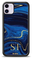 Dafoni Glossy iPhone 11 Kişiye Özel Çift Harf Simli Lacivert Mermer Kılıf - Dafoni