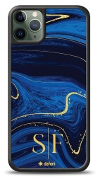 Dafoni Glossy iPhone 11 Pro Kişiye Özel Çift Harf Simli Lacivert Mermer Kılıf - Dafoni