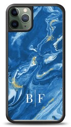 Dafoni Glossy iPhone 11 Pro Max Kişiye Özel İki Harf Simli Mavi Mermer Kılıf - 1