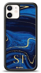 Dafoni Glossy iPhone 12 Mini 5.4 inç Kişiye Özel Çift Harf Simli Lacivert Mermer Kılıf - Dafoni