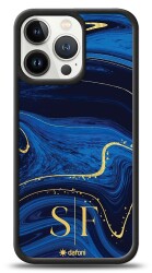 Dafoni Glossy iPhone 13 Pro Max Kişiye Özel Çift Harf Simli Lacivert Mermer Kılıf - Dafoni