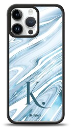 Dafoni Glossy iPhone 13 Pro Max Kişiye Özel Harf Simli Mavi Mermer Kılıf - Dafoni