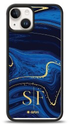 Dafoni Glossy iPhone 15 Kişiye Özel Çift Harf Simli Lacivert Mermer Kılıf - Dafoni