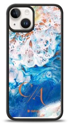 Dafoni Glossy iPhone 15 Kişiye Özel Çift Harf Simli Okyanus Mermer Kılıf - Dafoni