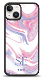Dafoni Glossy iPhone 15 Kişiye Özel Çift Harf Simli Pembe Mermer Kılıf - Dafoni