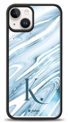 Dafoni Glossy iPhone 15 Kişiye Özel Harf Simli Mavi Mermer Kılıf - Dafoni