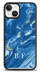 Dafoni Glossy iPhone 15 Kişiye Özel İki Harf Simli Mavi Mermer Kılıf - Dafoni