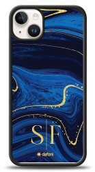 Dafoni Glossy iPhone 15 Plus Kişiye Özel Çift Harf Simli Lacivert Mermer Kılıf - Dafoni