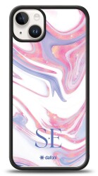 Dafoni Glossy iPhone 15 Plus Kişiye Özel Çift Harf Simli Pembe Mermer Kılıf - Dafoni