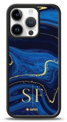 Dafoni Glossy iPhone 15 Pro Kişiye Özel Çift Harf Simli Lacivert Mermer Kılıf - Dafoni