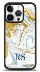 Dafoni Glossy iPhone 15 Pro Kişiye Özel Harfli Simli Gold Mermer Kılıf - 1