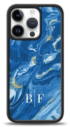 Dafoni Glossy iPhone 15 Pro Kişiye Özel İki Harf Simli Mavi Mermer Kılıf - 1