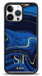 Dafoni Glossy iPhone 15 Pro Max Kişiye Özel Çift Harf Simli Lacivert Mermer Kılıf - Dafoni