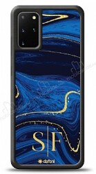 Dafoni Glossy Samsung Galaxy S20 Plus Kişiye Özel Çift Harf Simli Lacivert Mermer Kılıf - Dafoni
