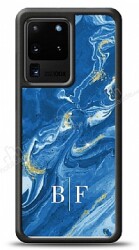 Dafoni Glossy Samsung Galaxy S20 Ultra Kişiye Özel İki Harf Simli Mavi Mermer Kılıf - Dafoni