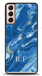 Dafoni Glossy Samsung Galaxy S21 Plus Kişiye Özel İki Harf Simli Mavi Mermer Kılıf - Dafoni