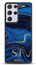 Dafoni Glossy Samsung Galaxy S21 Ultra Kişiye Özel Çift Harf Simli Lacivert Mermer Kılıf - Dafoni