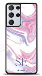 Dafoni Glossy Samsung Galaxy S21 Ultra Kişiye Özel Çift Harf Simli Pembe Mermer Kılıf - Dafoni