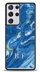 Dafoni Glossy Samsung Galaxy S21 Ultra Kişiye Özel İki Harf Simli Mavi Mermer Kılıf - Dafoni