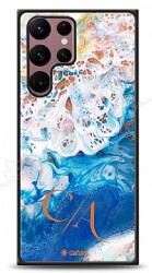 Dafoni Glossy Samsung Galaxy S22 Ultra 5G Kişiye Özel Çift Harf Simli Okyanus Mermer Kılıf - Dafoni