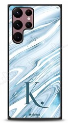 Dafoni Glossy Samsung Galaxy S22 Ultra 5G Kişiye Özel Harf Simli Mavi Mermer Kılıf - Dafoni