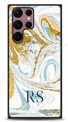 Dafoni Glossy Samsung Galaxy S22 Ultra 5G Kişiye Özel Harfli Simli Gold Mermer Kılıf - Dafoni
