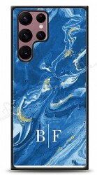 Dafoni Glossy Samsung Galaxy S22 Ultra 5G Kişiye Özel İki Harf Simli Mavi Mermer Kılıf - Dafoni