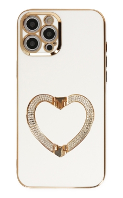 Eiroo Crystal Serisi iPhone 12 Pro Max Kalpli Gold Taşlı Tutuculu Beyaz Silikon Kılıf - 1