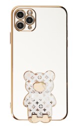 Eiroo iPhone 11 Pro Max Lüks Ayı Standlı Beyaz Silikon Kılıf - 1