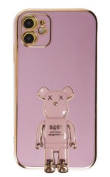 Eiroo iPhone 12 Baby Bear Standlı Mor Silikon Kılıf - 1