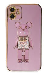 Eiroo iPhone 12 Candy Bear Standlı Mor Silikon Kılıf - 1