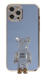 Eiroo iPhone 12 Pro Max Baby Bear Standlı Mavi Silikon Kılıf - 1