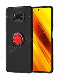 Eiroo Liquid Ring Xiaomi Poco X3 Standlı Kırmızı-Siyah Silikon Kılıf - Eiroo