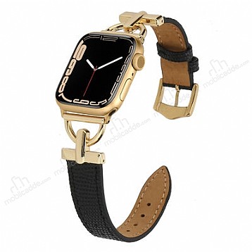 Apple Watch 7 Gold-Siyah Metal Deri Kordon (41 mm)