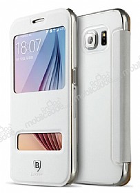 Baseus Primary Color Samsung i9800 Galaxy S6 Pencereli nce Yan Kapakl Beyaz Deri Klf