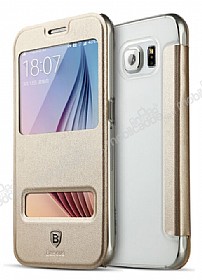 Baseus Primary Color Samsung i9800 Galaxy S6 Pencereli nce Yan Kapakl Gold Deri Klf
