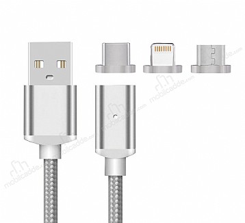 Eiroo Lightning Micro USB Type-C Silver Manyetik Data Kablosu 1m