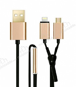 Eiroo Fermuarl Lightning & Micro USB Gold Ksa arj Kablosu 88cm