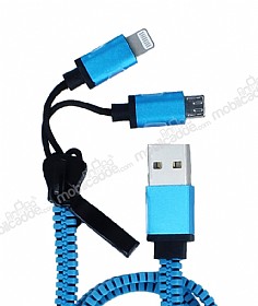 Cortrea Fermuarl Lightning & Micro USB Mavi Ksa arj Kablosu 88cm