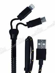 Cortrea Fermuarl Lightning & Micro USB Siyah Ksa arj Kablosu 88cm