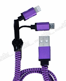 Cortrea Fermuarl Lightning & Micro USB Mor Ksa arj Kablosu 88cm