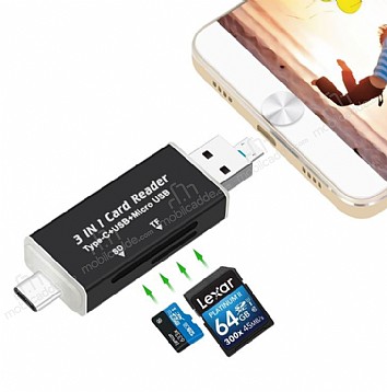 Eiroo USB Type-C ve Micro USB Siyah Kart Okuyucu