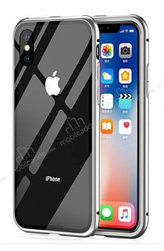 Dafoni Glass Guard iPhone X / XS Metal Kenarl Cam Silver Klf