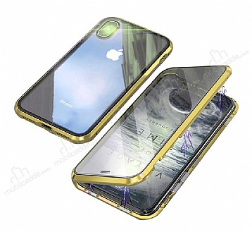 Dafoni Magnet Glass iPhone XR 360 Derece Koruma Cam Gold Klf