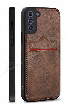Eiroo AJ Serisi Samsung Galaxy S21 FE 5G Kartlkl Koyu Kahverengi Deri Klf