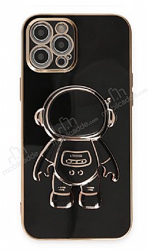 Eiroo Astronot iPhone 12 Pro Standl Siyah Silikon Klf